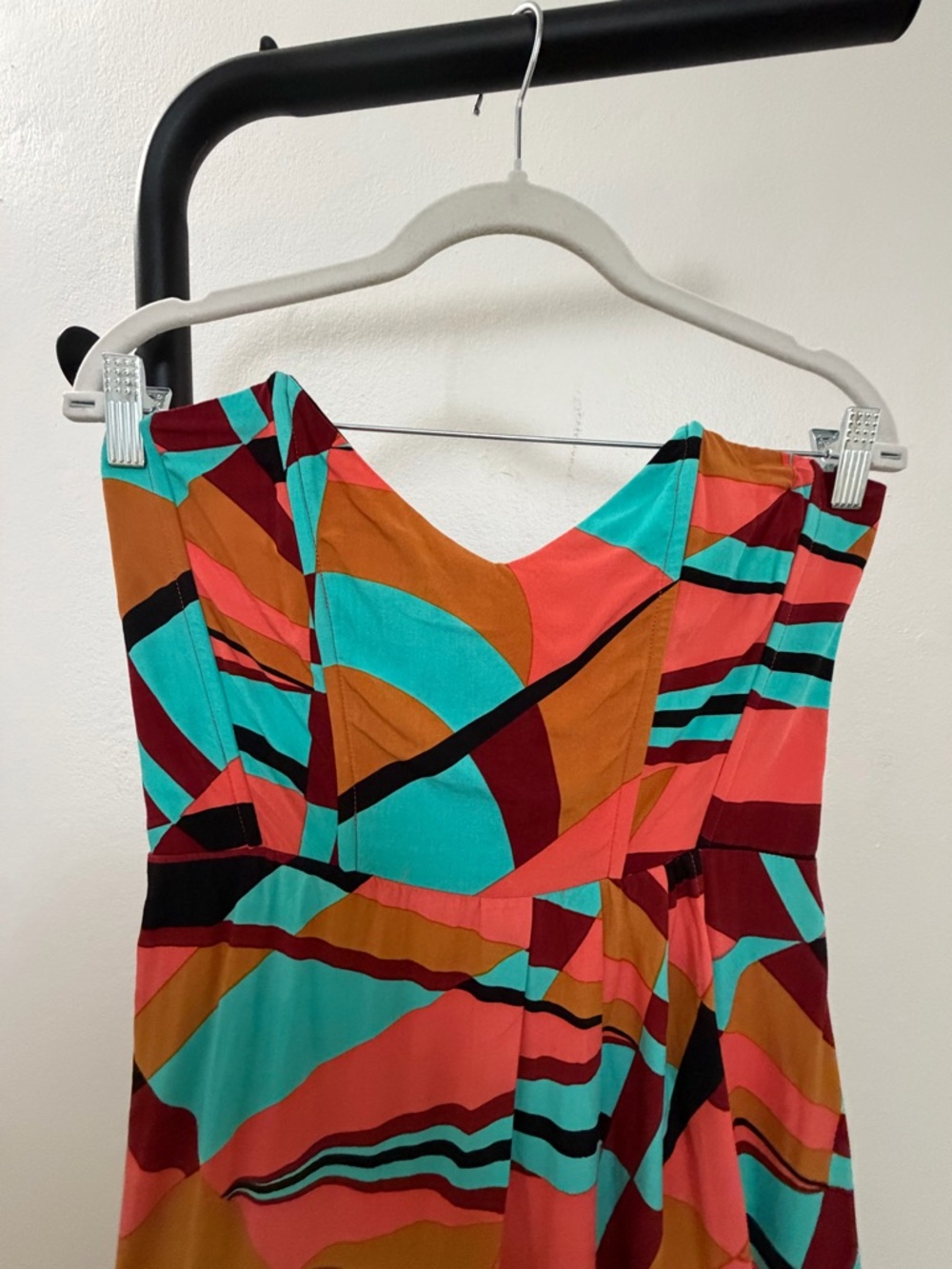 Strapless Geometric Print Midi Dress in Coral, Teal & Brown - Picture 5 of 5